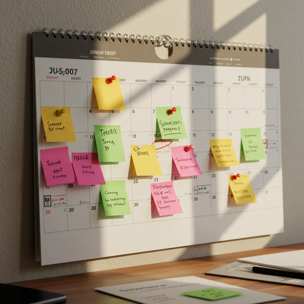 Calendrier mural avec des repères colorés indiquant les dates clés des soldes d'été 2026 selon les territoires