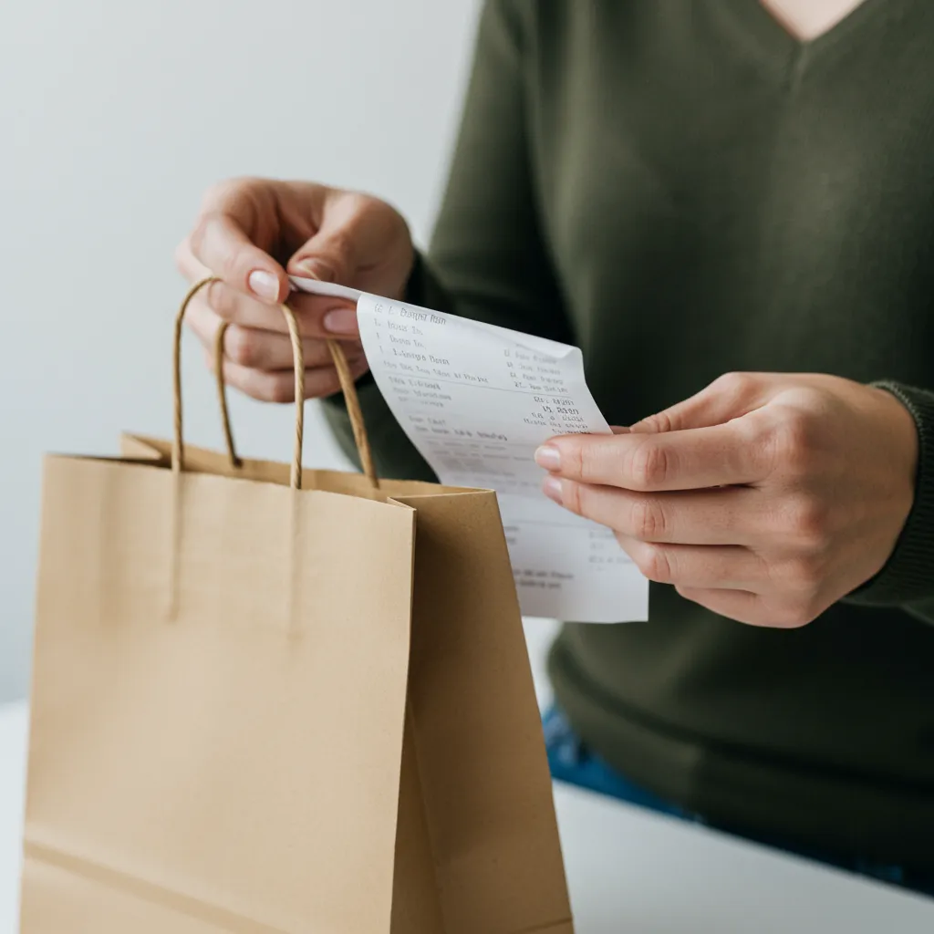 Consommateur vérifiant son ticket de caisse après un achat soldé pour faire valoir ses droits légaux