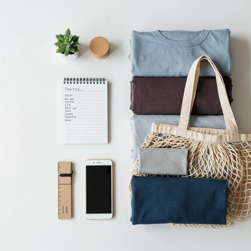Préparation organisée des achats avant les soldes d'été avec liste de souhaits, sac et articles sélectionnés