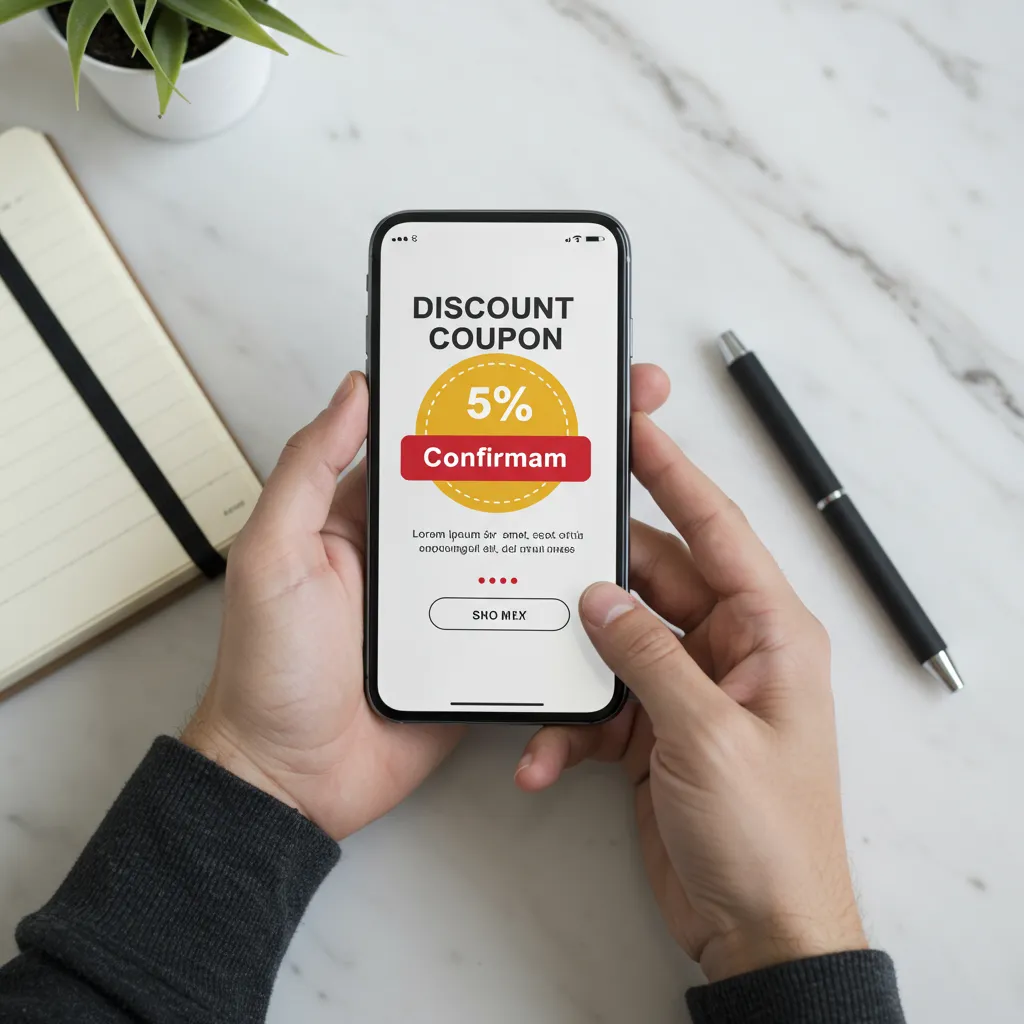 Mains tenant un smartphone affichant un code promo validé lors d'un achat en ligne de mobilier