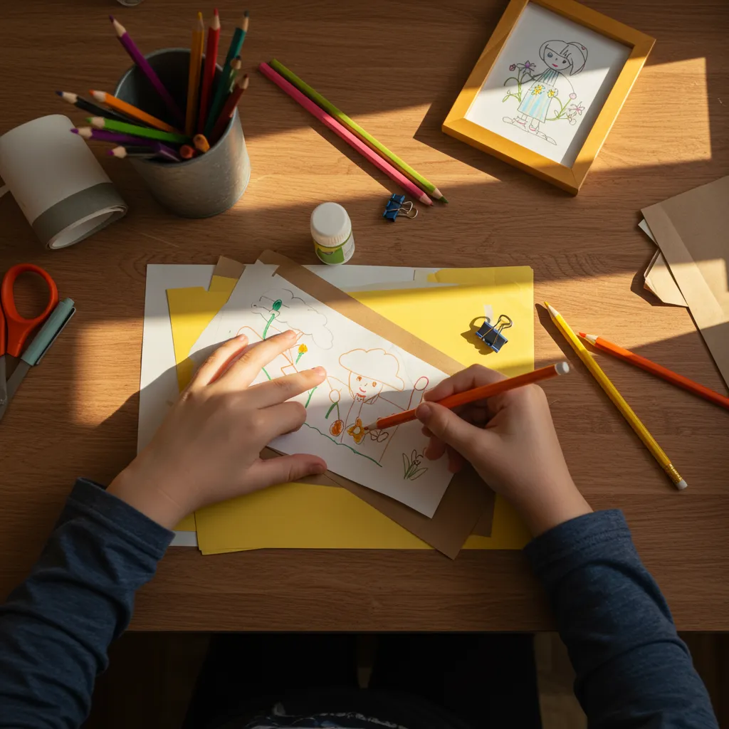 Mains d'enfant en train de fabriquer un cadeau fait main pour la fête des pères, dessin encadré et matériaux créatifs