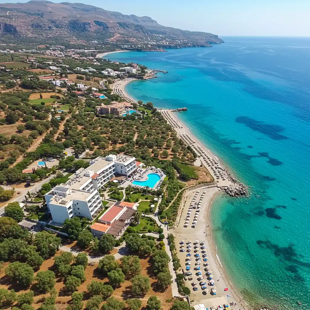 Vue aérienne de la côte crétoise avec un hôtel de luxe entouré d'oliviers face à une baie turquoise