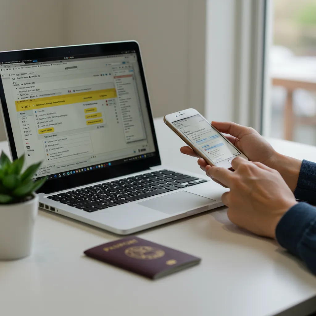 Personne comparant des offres de voyages sur ordinateur portable et smartphone avant de réserver