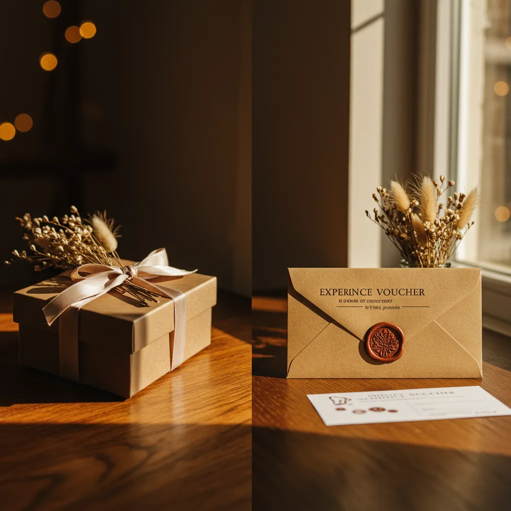 Comparaison entre cadeau objet et cadeau expérience pour belle-mère : coffret physique versus enveloppe bon cadeau sur table en bois