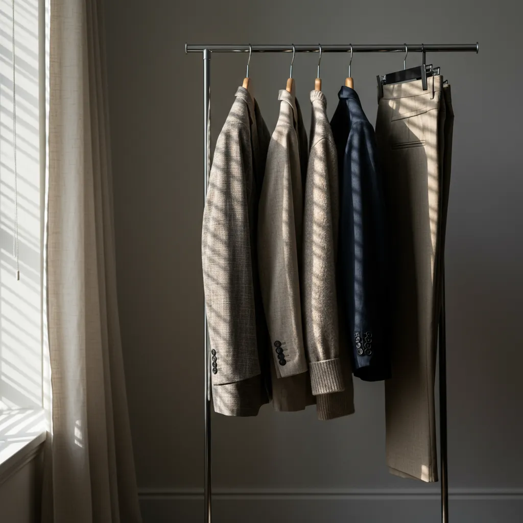 Portant de vêtements premium bien organisés avec vestes et pulls de qualité, représentant les marques mode récurrentes sur Veepee
