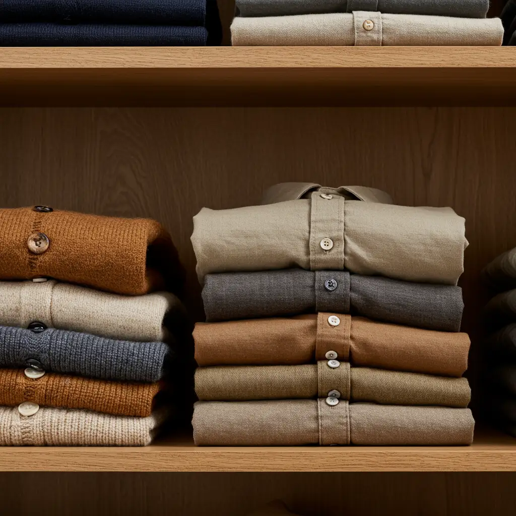 Pile de vêtements haut de gamme soigneusement pliés sur une étagère en bois, illustrant les fins de série et invendus écoulés par les marques via Veepee