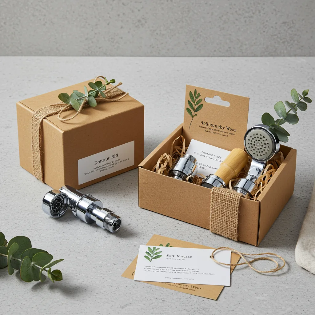 Kit cadeau écologique pour crémaillère comprenant des économiseurs d'eau pour robinet et douche, présenté dans une boîte en kraft recyclé