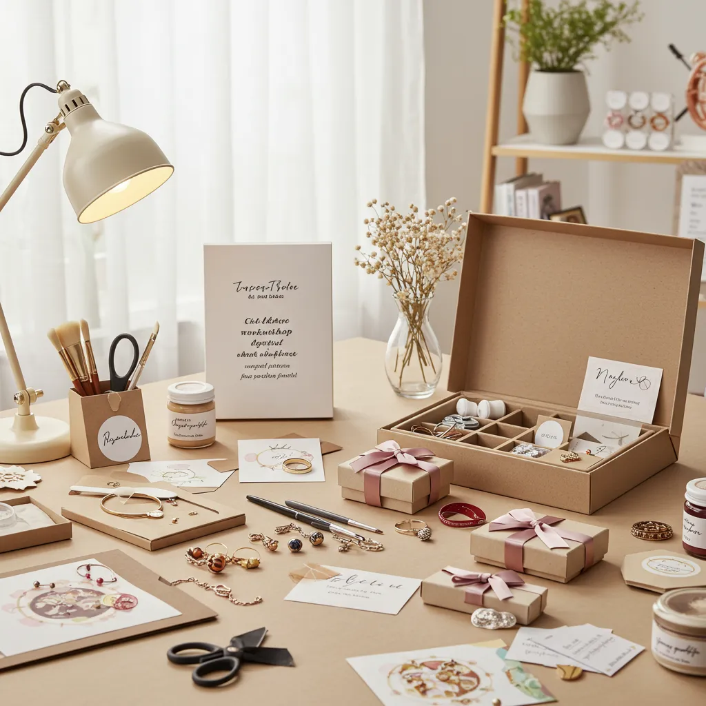 Atelier créatif et cadeaux personnalisés pour adolescente : kit de bijoux, boîtes cadeaux et matériel artistique sur une table lumineuse