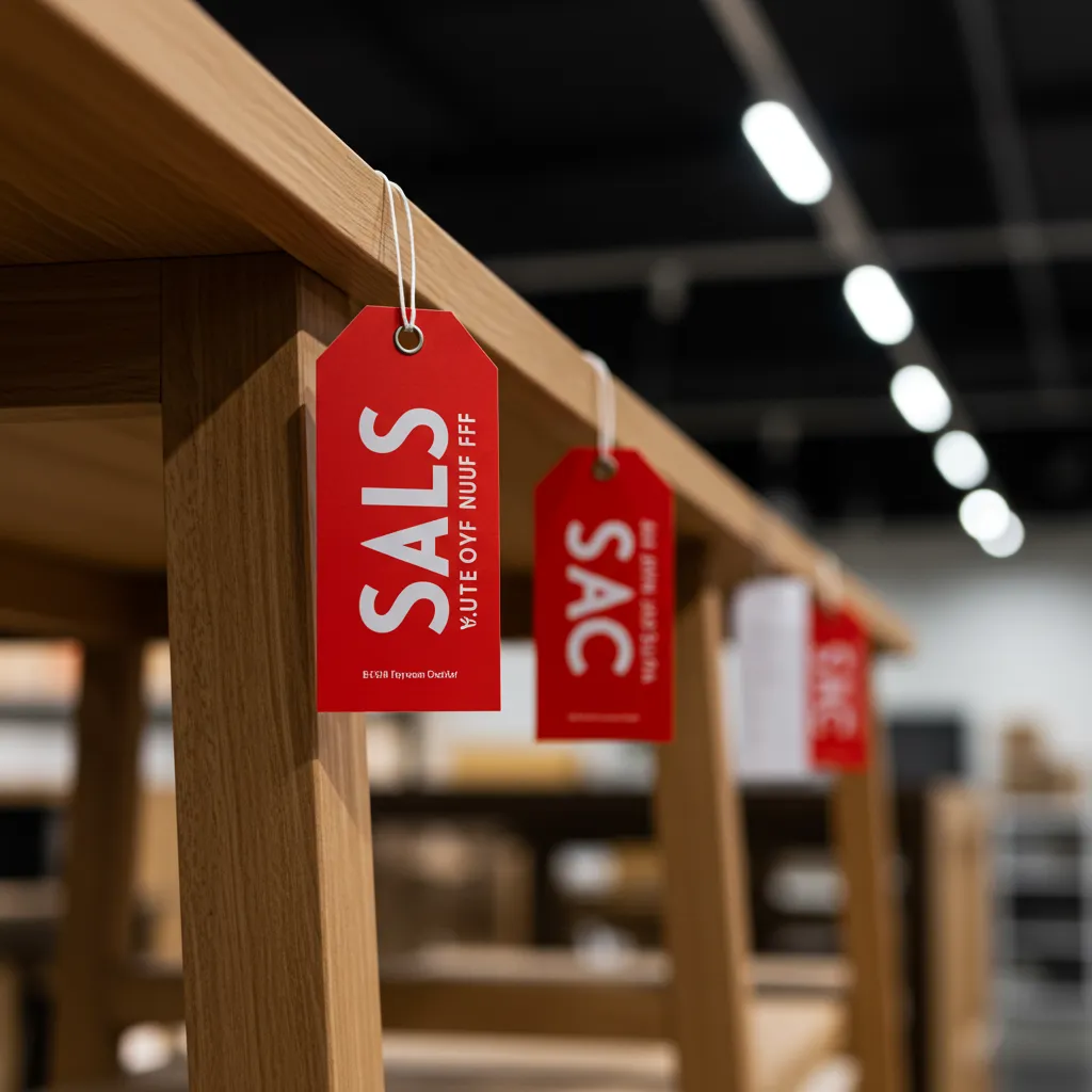 Étiquettes rouges de promotion accrochées à des meubles en bois dans un magasin de mobilier