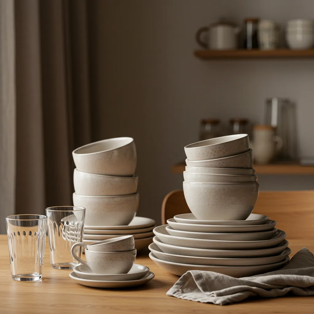 Vaisselle et arts de la table en céramique empilés sur une table de cuisine scandinave