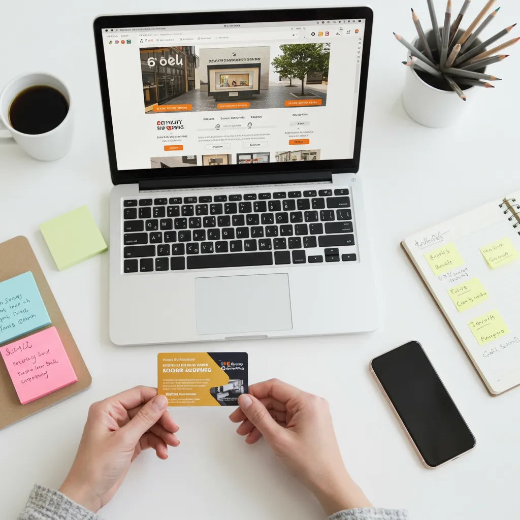 Mains tenant une carte de fidélité devant un ordinateur portable lors d'achats de mobilier en ligne