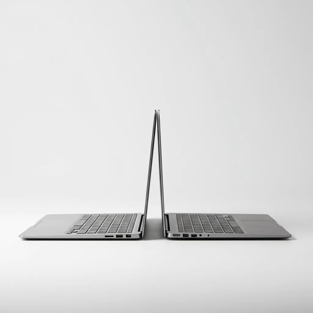 Deux ordinateurs portables côte à côte représentant la comparaison entre le reconditionné Apple Store officiel et les reconditionneurs tiers
