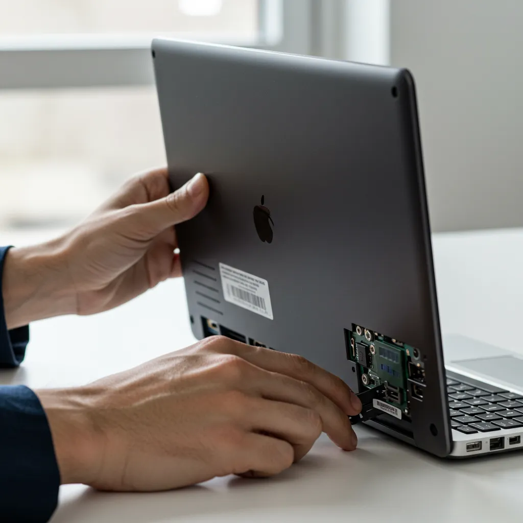 Mains inspectant un MacBook reconditionné, illustrant les vérifications à effectuer avant d'acheter un produit Apple reconditionné