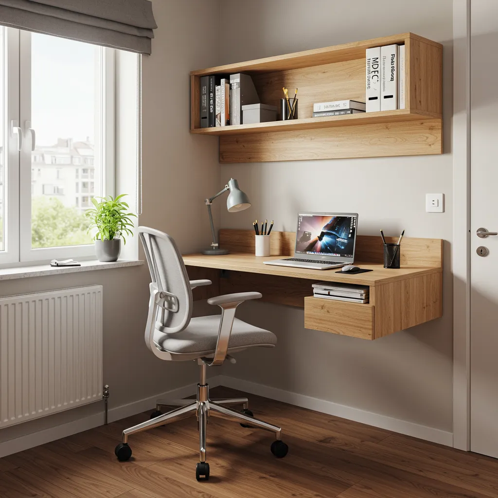 Coin bureau ergonomique de 60 cm intégré dans un studio sans empiéter sur l'espace de vie