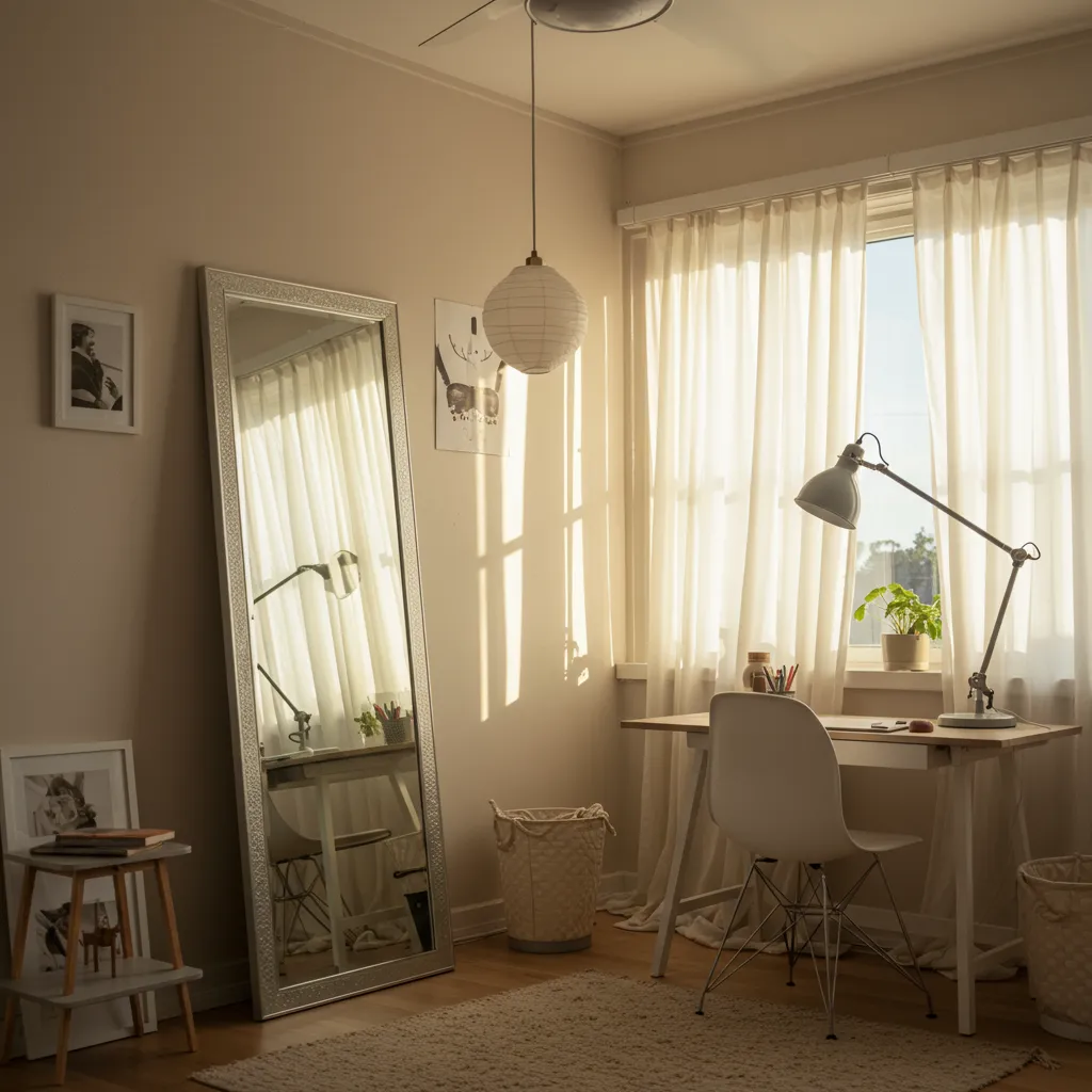 Studio de 25 m² agrandi visuellement grâce aux miroirs, aux couleurs claires et à un éclairage différencié