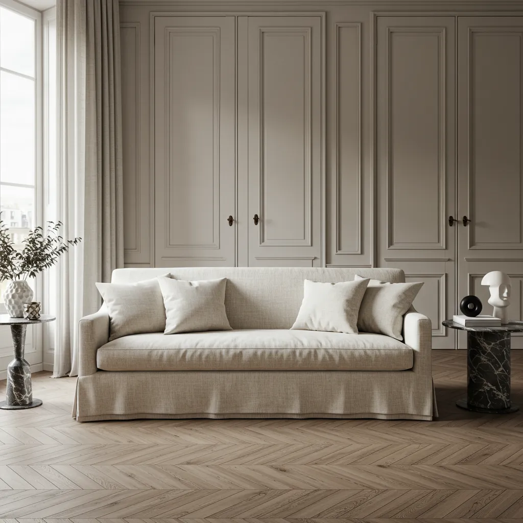 Canapé design premium en lin naturel dans un appartement parisien lumineux, évoquant le positionnement haut de gamme d'AM.PM et Maisons du Monde